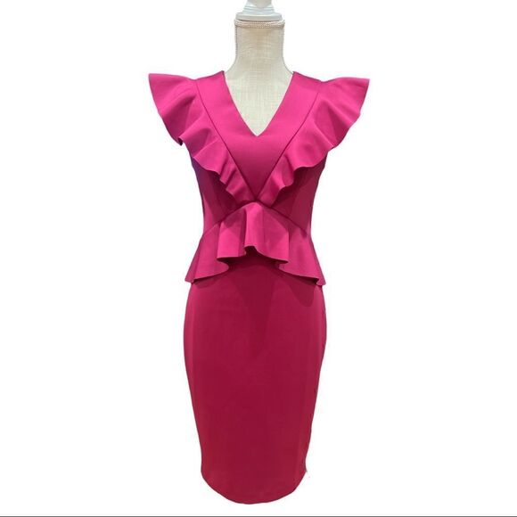 Ted Baker Fuchsia Pink Alair Ruffle-Trimmed Peplum V- Neck Dress - Picture 3 of 7